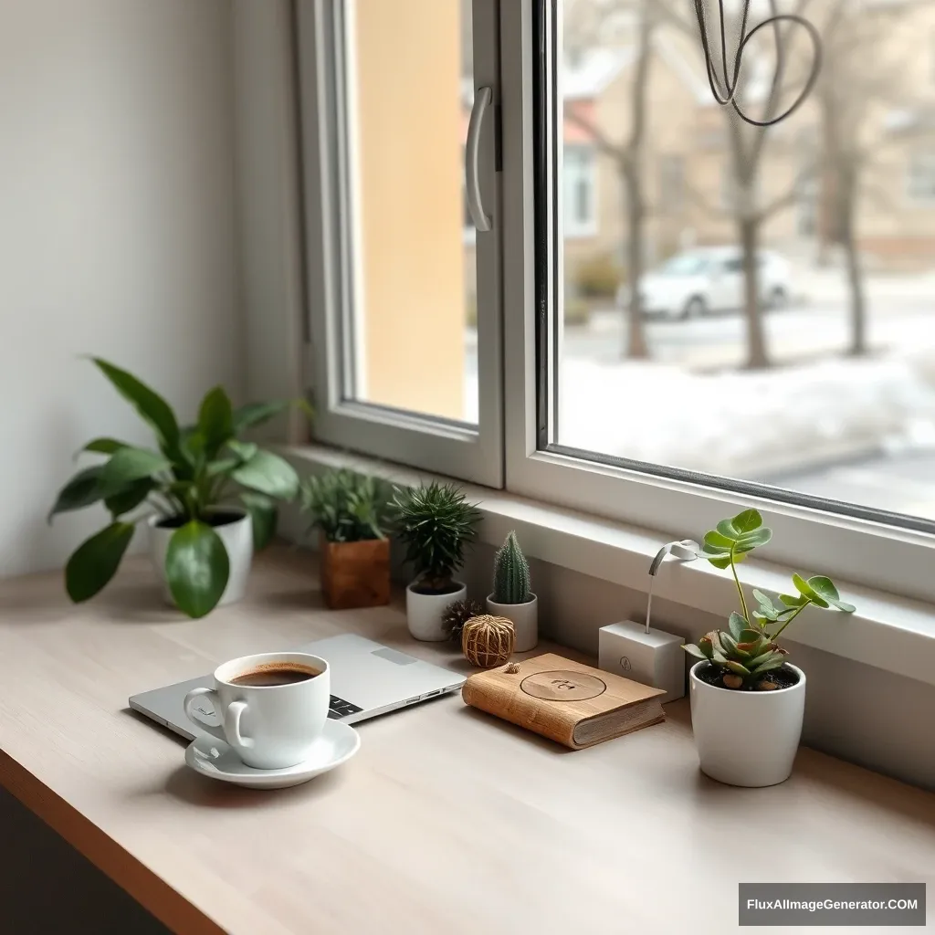 The desk by the window has a laptop, coffee, small decorations, and green plants, giving a warm and quiet feeling.