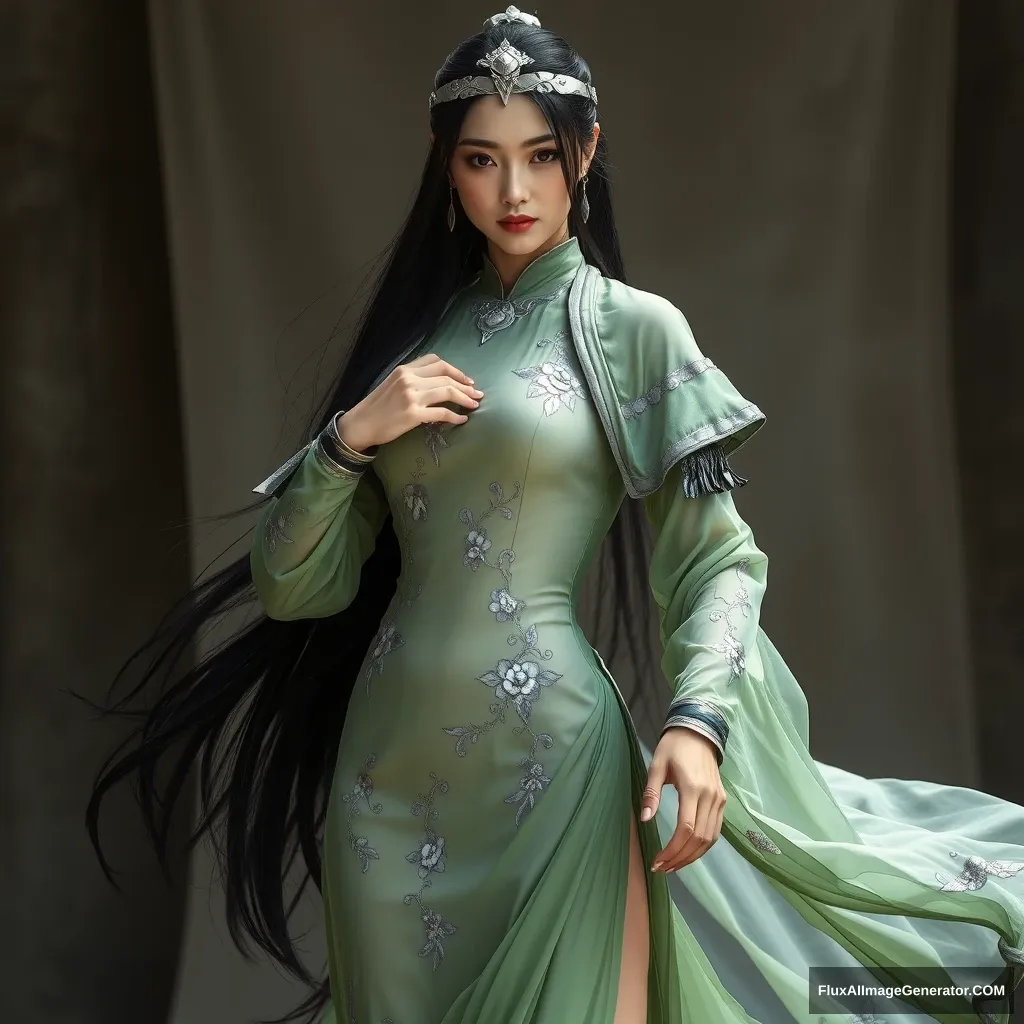 A beautiful woman in ancient attire, with an Asian face, fair skin, mature and charming, long black hair, a simple silver headpiece, wearing a fitted, sheer gown in grass green and silver, adorned with silver floral patterns and a shawl. The sleeves are fitted and have arm guards, and the garment features delicate decorations, giving it an antiquated charm, flowing and graceful, full of elegance. She has long hair in traditional style, long legs, a tall figure, exuding the aura of an ancient female martial artist, wearing grass green high-heeled shoes with thin straps.