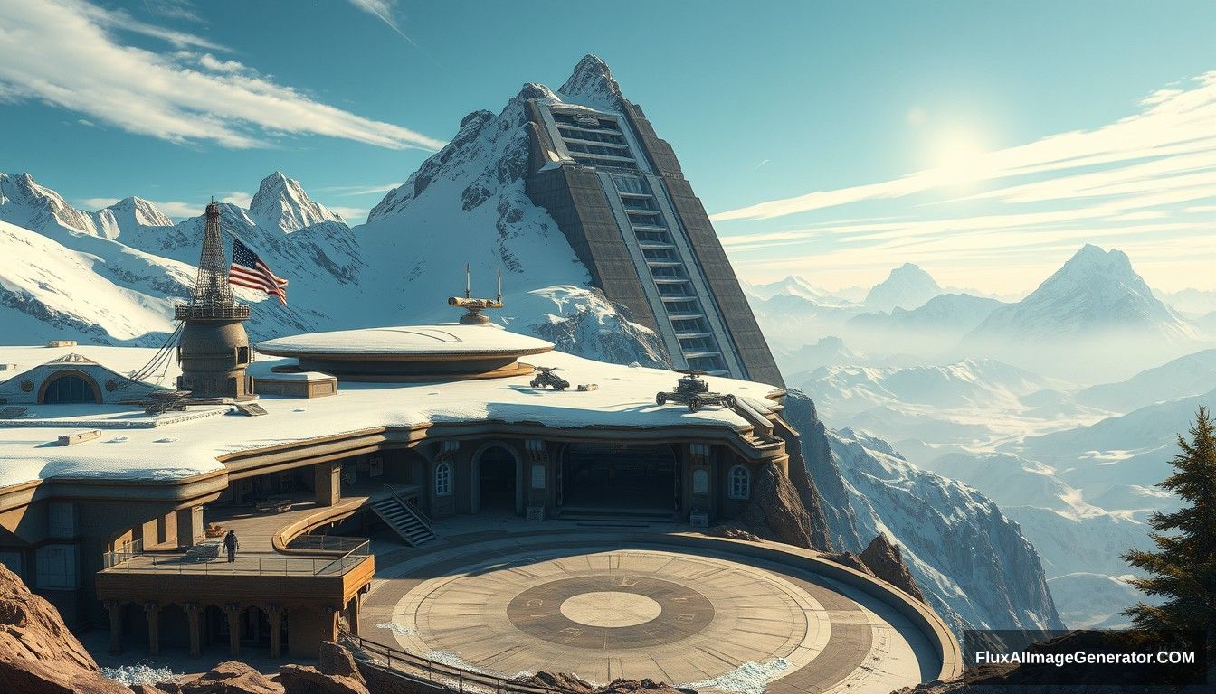 Cel shaded art, wide shot, a sci-fi center on the top of a snow mountain, open air, close look, cyberpunk, military base, Star Wars style, indoor, patio, morning, sunlight, fortress, mountain, rock, snow, tarmac, parking apron, cave, tree, landing field, cliff, round shape.