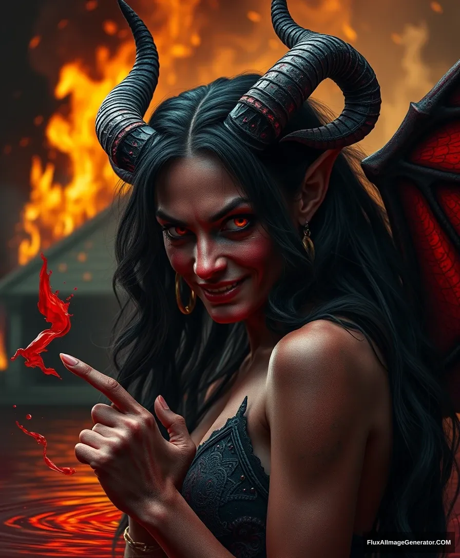 realistic red-skinned demon girl, long black wavy hair twisted horns, demon girl, evil smirk, drawing red water, demon wings in the background, the background of a burning house, a lot of small details, hyper detail, acceleration, speed, dark exposure, the highest quality, the highest detail, ambient lighting, intricate, exquisite details and textures, sharp focus, high resolution, detailed eyes, 8k uhd, nikon d850, high quality, film grain, hyper realistic skin (detailed skin:1.3) dynamic poses