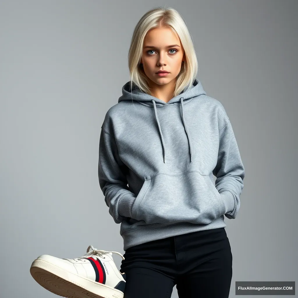 A teenage woman in a simple gray hoodie with black jeans and Gucci sneakers. Appearance: white hair, blue eyes, model appearance, cold gaze. Professional photo. In full growth.