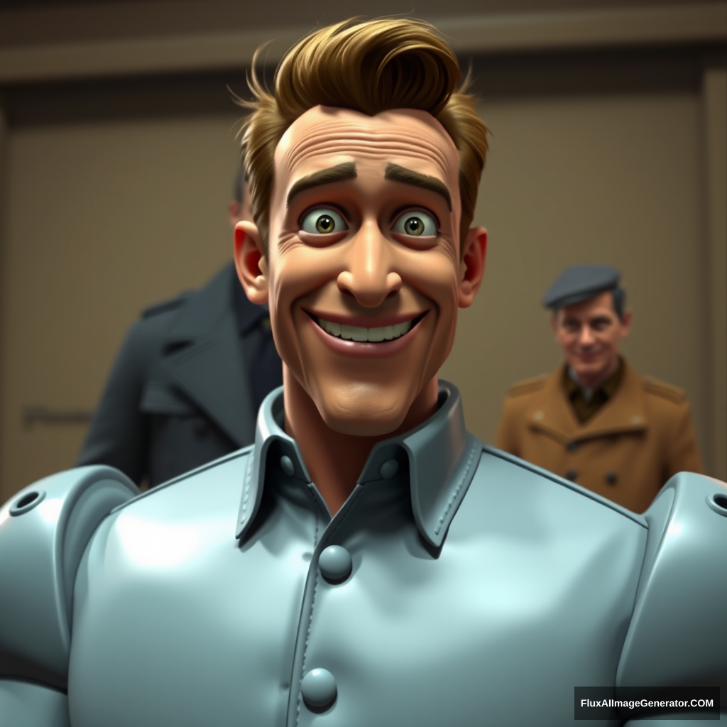 Dean McCoppin from Iron Giant enthusiastically smirking into the camera while an inconspicuous man in a trench coat is watching his every move in the background.