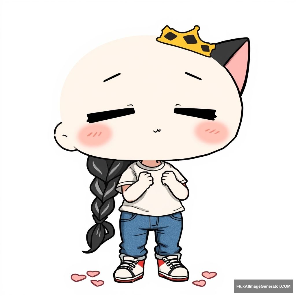 wawa, best quality, high resolution, masterpiece, simple background, 1 girl, braid, crown, shirt, black hair, cat, closed eyes, petals, solo, long hair, pants, t-shirt, white background, shoes, simple background, animal, chibi, child, clenched hands, denim, jeans, pout, full body, clothes writing, standing, :t, blush, sneakers - Image