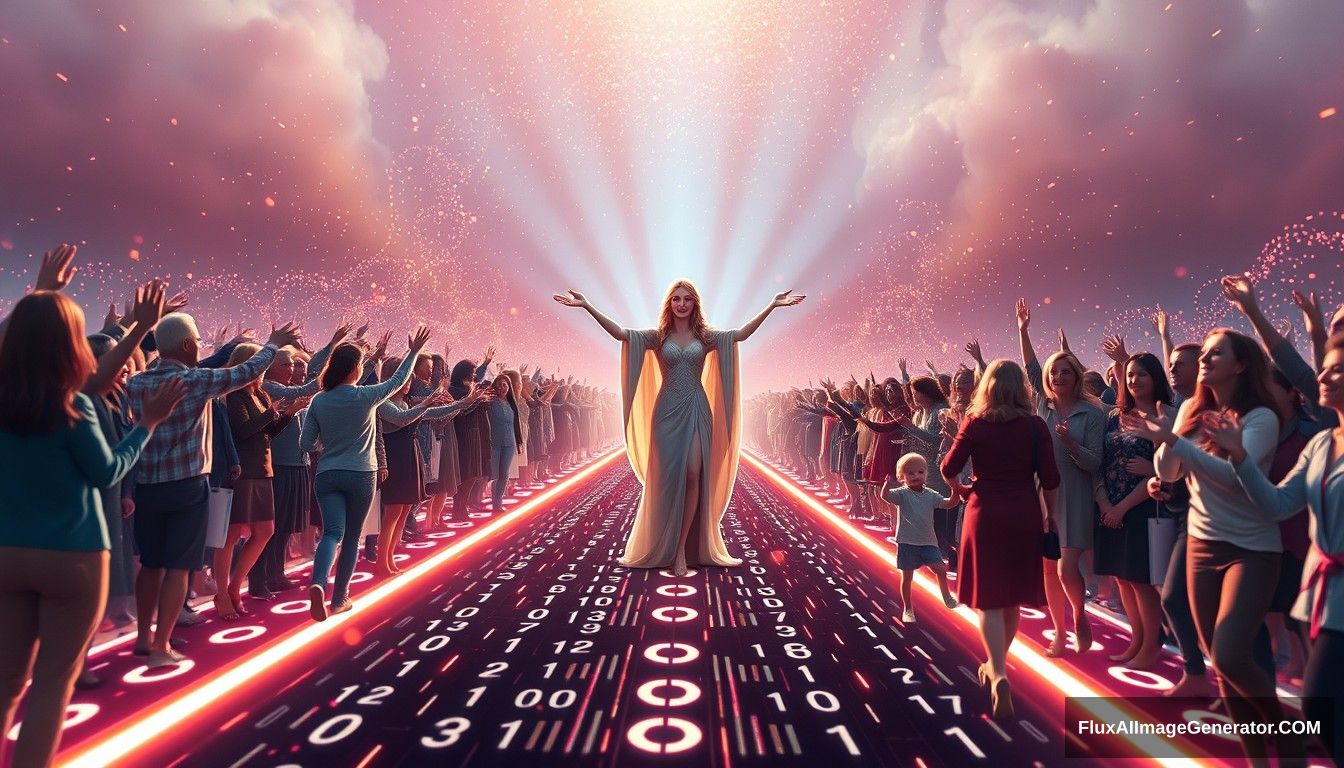 Photorealistic, Instagram-style image featuring a bright and hopeful scene depicting the concept of blockchain and decentralization. The scene is captured from a distant, wide-angle perspective, showcasing its grand scale. In the foreground, a futuristic and sci-fi styled goddess symbolizing blockchain and decentralization leads the people towards a bright future. She stands on a digital road made of glowing lines and various random characters, including 0s and 1s, symbolizing the path of digitalization. Light shines from the front, illuminating the goddess and casting a warm, hopeful glow over the entire scene. She is surrounded by families and individuals of predominantly European descent who are joyous and supportive, reaching out their hands towards the goddess, symbolizing their desire to follow her. The background is filled with elements that evoke a sense of hope and optimism. The overall aesthetic is vibrant and polished, with a modern Instagram filter applied to enhance colors and contrast.