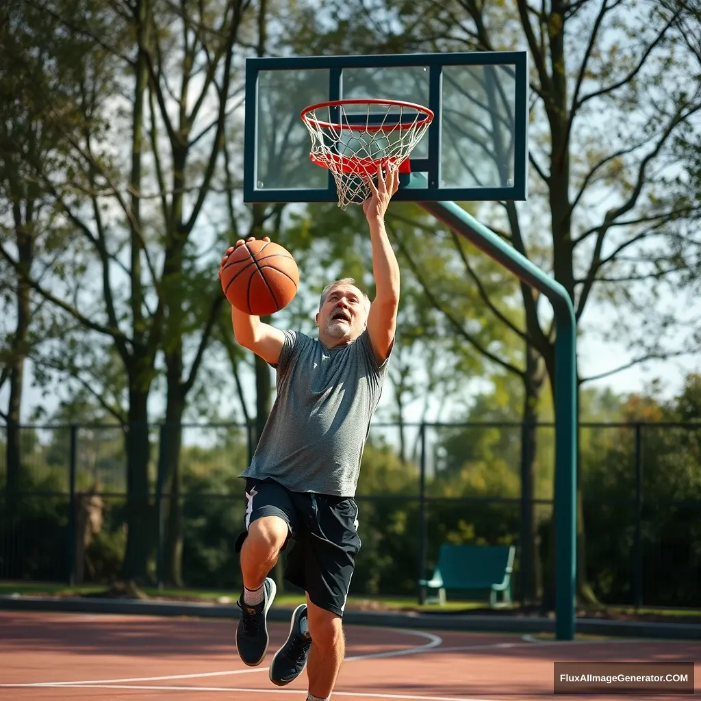 A middle-aged man playing basketball on the playground.