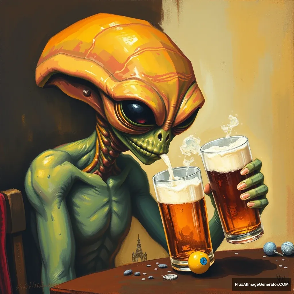 I want a painting of an alien, getting absolutely hammered after his ten pints of the day.