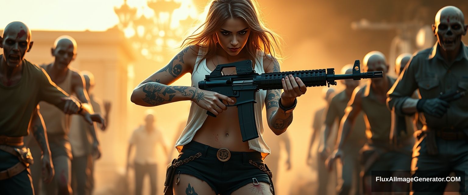 Portrait of a sexy woman in a white vest and black shorts, with lots of gypsy-style and skull-pattern tattoos on her arms, scratched arm skin, splashed blood on both arms and legs, holding an AR15 rifle with both hands, aiming, surrounded by scary zombies in different clothes, golden hour lighting, ray tracing, global illumination, 4K.