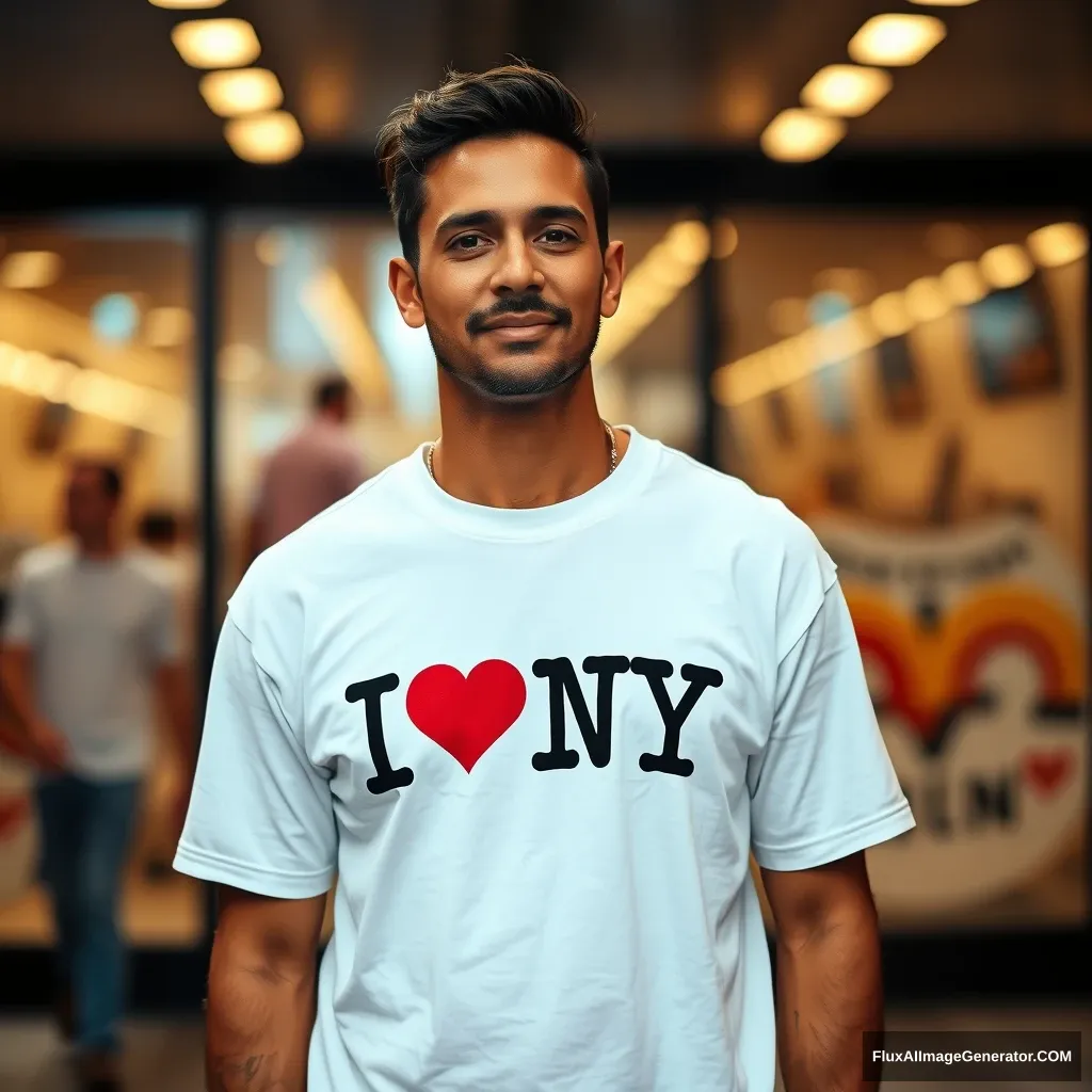 a man with a t-shirt printed "I love NY"