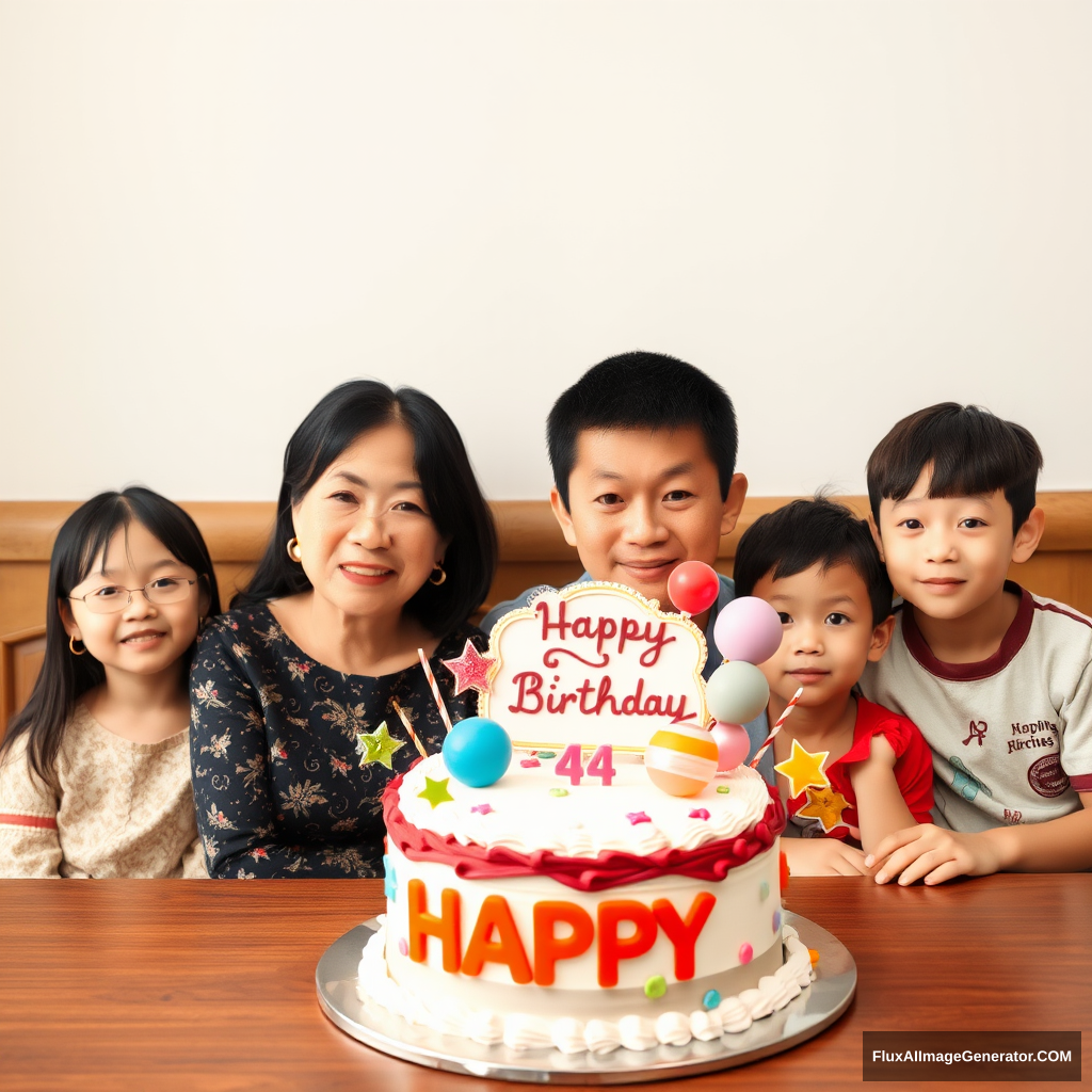 Four Chinese people are sitting behind the table. The person in the middle is a mother who is about 35 years old. Sitting on the right side of the mother are a father who is about forty years old and his son who is about ten years old. The daughter who is about eight years old is sitting on her left. There is a beautifully decorated birthday cake on the table. There is a decorative plaque on the top of the cake that reads "Happy Birthday", with balloons and star-shaped decorations next to it. There is the word "HAPPY" on the front of the cake, and colorful decorative balls and stars are placed around it.