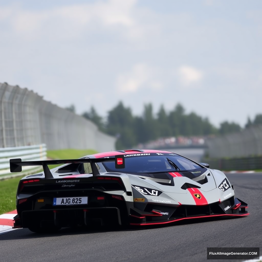 Lamborghini Super Trofeo, with a grey, red, black livery going up the Eau Rouge, at Spa-Francorchamps. - Image