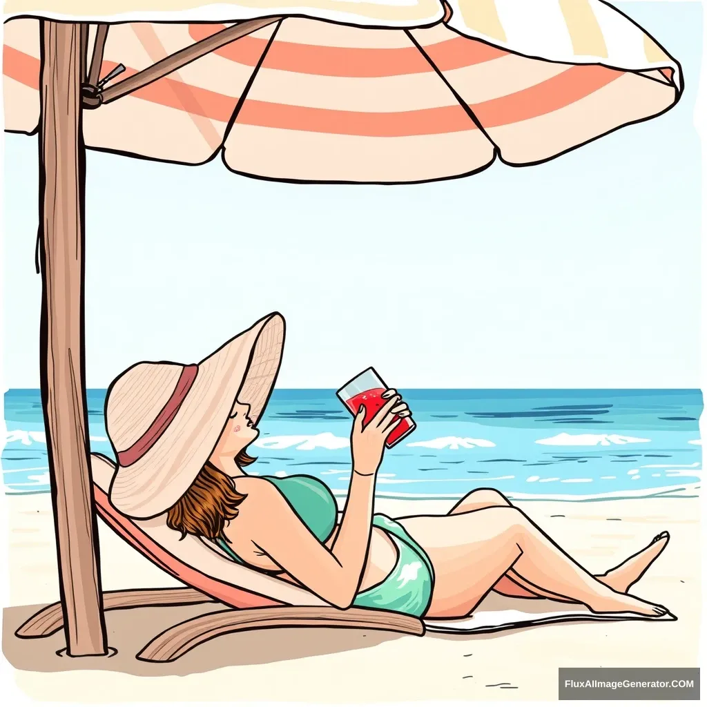 "Draw a picture of a woman in her 30s lying under a beach umbrella in the middle of summer, relaxing and drinking watermelon juice." - Image