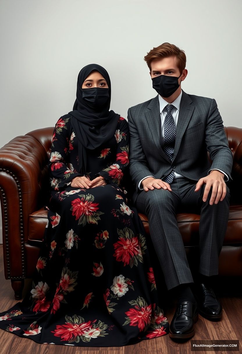 A biggest black hijab girl, slim girl, beautiful eyes, face mask black, biggest floral longest dress, sitting on leather single wing sofa, 

Jamie Dornan, youngest, grey suit coat, grey pattern tie, black leather sneaker, tall man, face mask black, fit body, sitting near her,

hyper realistic, studio photography.