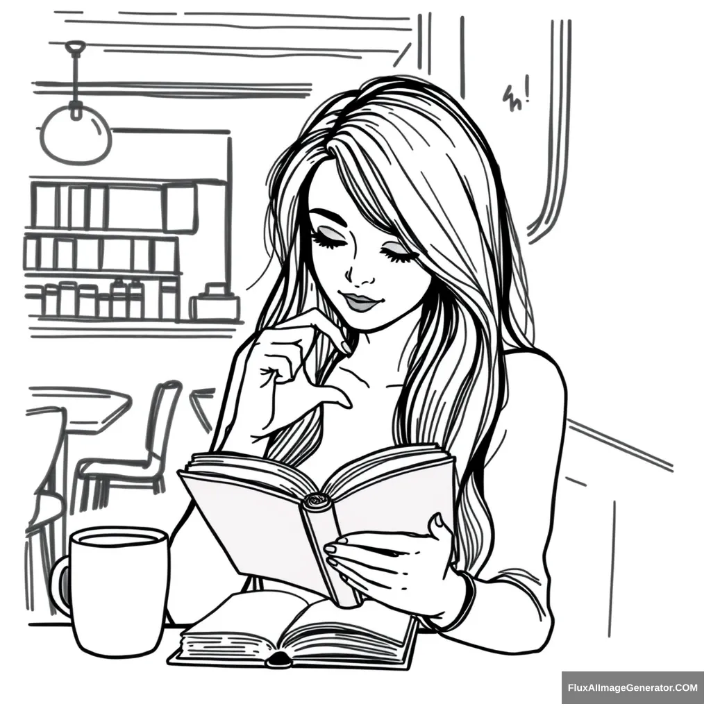 "Please draw a woman reading a book. A woman with long hair is reading a book in a coffee shop. She is reading while making a heart shape with her fingers."