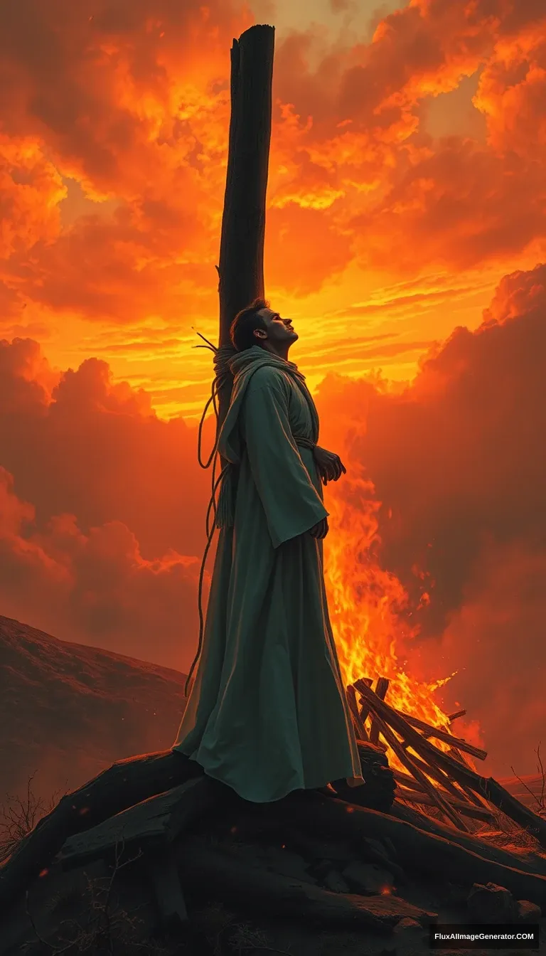 A lone figure, dressed in white robes, is tied to a towering wooden stake on a barren hilltop. The sky is ablaze with an orange and red sunset as flames consume the pyre. The figure's face is turned towards the heavens, expression serene and accepting. Dramatic lighting, cinematic, highly detailed, digital painting. - Image