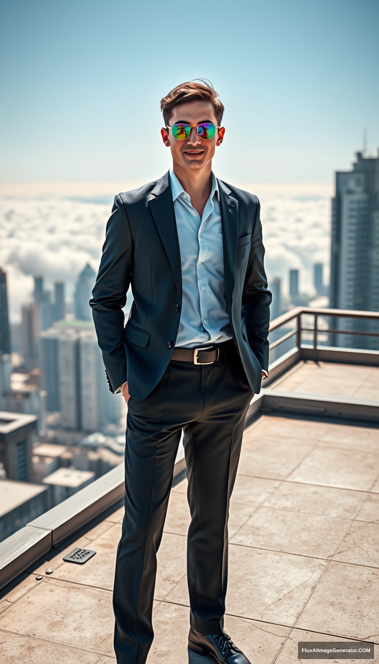 Subject: Full-Body Portrait of a Handsome Young Man  
Style: Futuristic City, Sci-Fi Style  
Background: Rooftop of a futuristic city, with layers of cloud sea visible  
Atmosphere: Relaxed and carefree, with a touch of rebellious personality  
Clothing: Business professional attire, like a high-end suit and high-end suit pants  
Hairstyle: Short hair, stylishly arranged with a slightly tousled look to showcase personality  
Expression: Smiling, confident gaze, with a slight upward curve of the mouth  
Posture: Relaxed standing position, with arms naturally hanging down, showcasing a state of ease  
Lighting: Bright sunlight during the day, creating a contrast between cool and warm tones, highlighting the young man's outline and expression  
Color: Predominantly featuring laser gradient colors  
Details: Pay attention to the texture of the clothing, such as the exquisite details of the high-end suit and the delicate skin of the young man  
Accessories: Wearing a pair of color-changing round-frame glasses, personalized accessories can be added, such as a watch, necklace, or earrings, to enhance the fashionable feel  
Requirements: Wearing high-end leather shoes. - Image