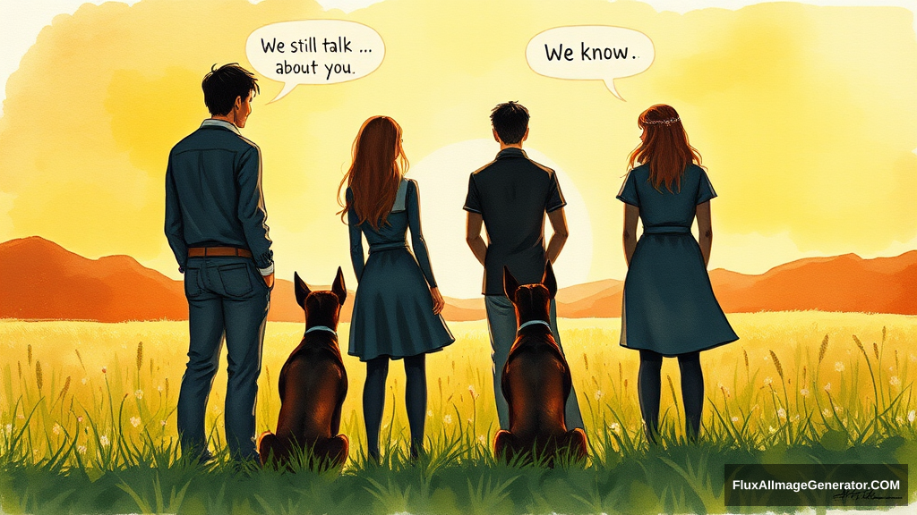 Messy, expressive watercolor illustration: 4 silhouetted figures—2 male, 2 female—stand in a lush meadow at golden hour. 3 ethereal, winged dobermans sit beside them. Facing away from the viewer. Speech bubbles float above: "We still talk about you" (human), "We know" (dog). Nostalgic atmosphere, loose brushstrokes convey wistful longing.