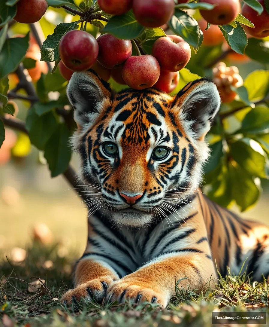 Digital art of a beautiful tiger cub under an apple tree, realism, hyper quality, high detail, high resolution, intricate, exquisite details and textures, sharp focus, detailed eyes, 8k UHD, Nikon D850, high quality, film grain, hyper realistic skin.