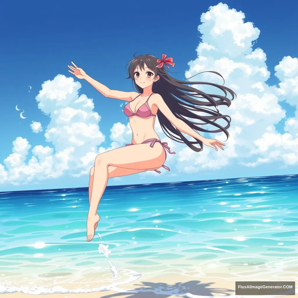 Japanese girl beach jump smile bikini teenage anime-style - Image