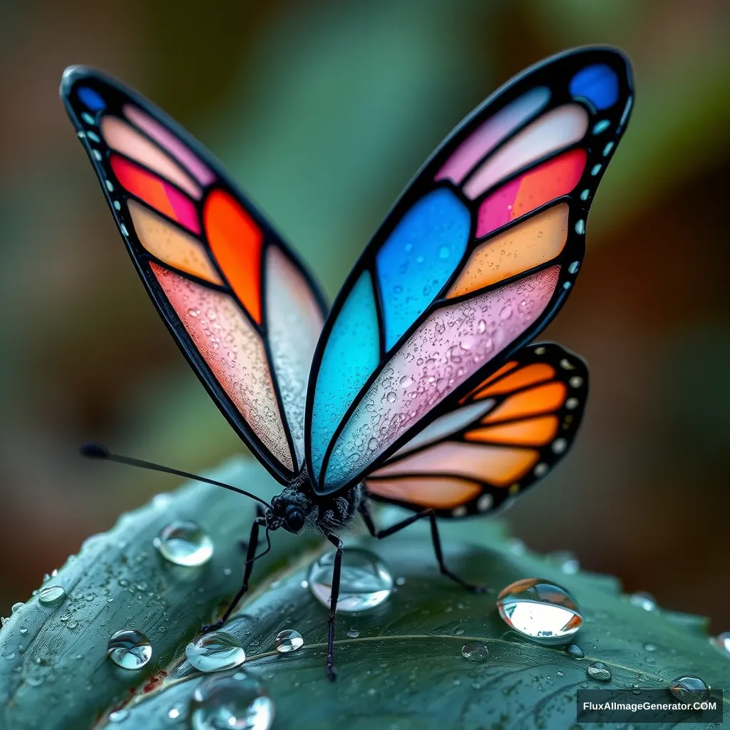 "A photorealistic close-up of a butterfly with wings made of stained glass, perched on a dew-covered leaf."