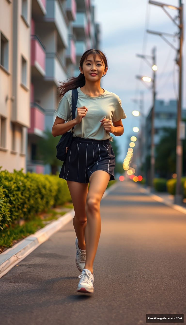 A girl dressed in OL attire is jogging on her way home, an East Asian person, full-body shot, evening lights.