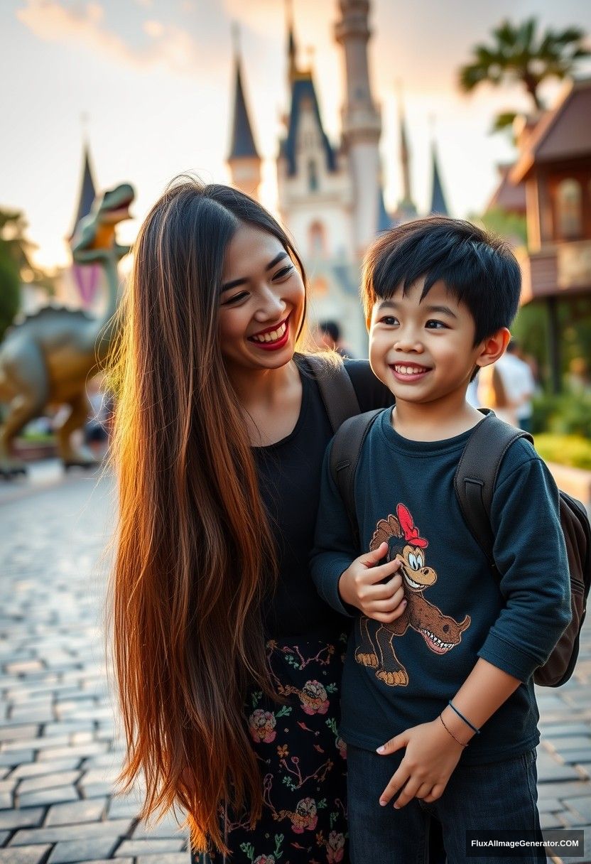 A long-haired beautiful Chinese mom is taking her seven-year-old son to Disneyland, dinosaurs, shows, wide angle, golden hour lighting, ray tracing, global illumination. - Image