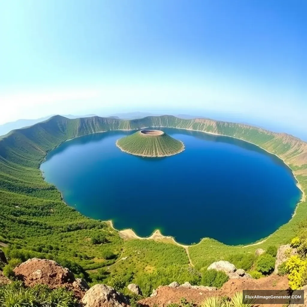 A panoramic view of Lonar Crater Lake, showing its deep blue waters surrounded by lush greenery and the distinctive circular crater. - Image