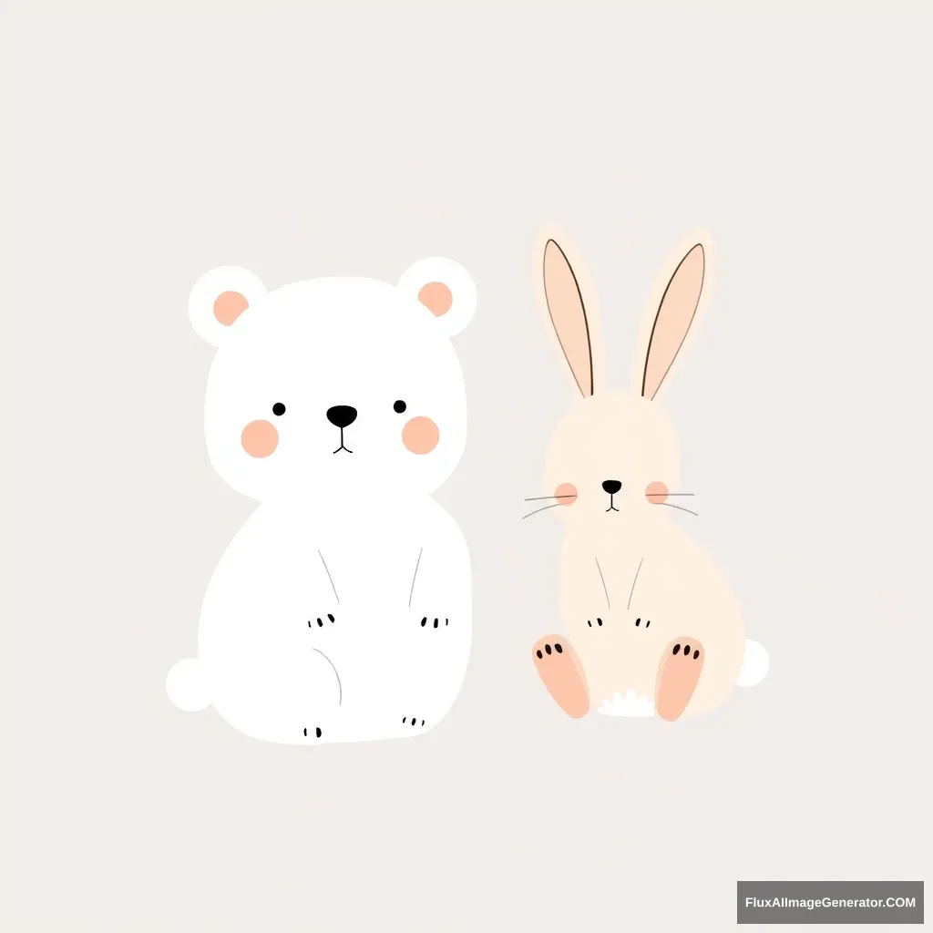 A delicate bear and bunny background image in minimalist, grid, hand-drawn style. - Image