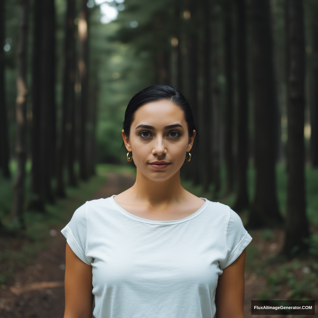 A woman is standing in the forest. She is showing her face.