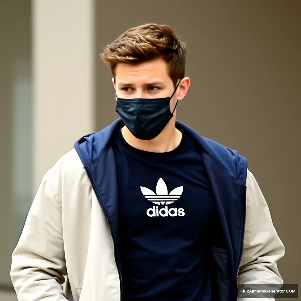 Jamie Dornan, youngest, black face mask, dark blue Adidas t-shirt, collage jacket, jeans.