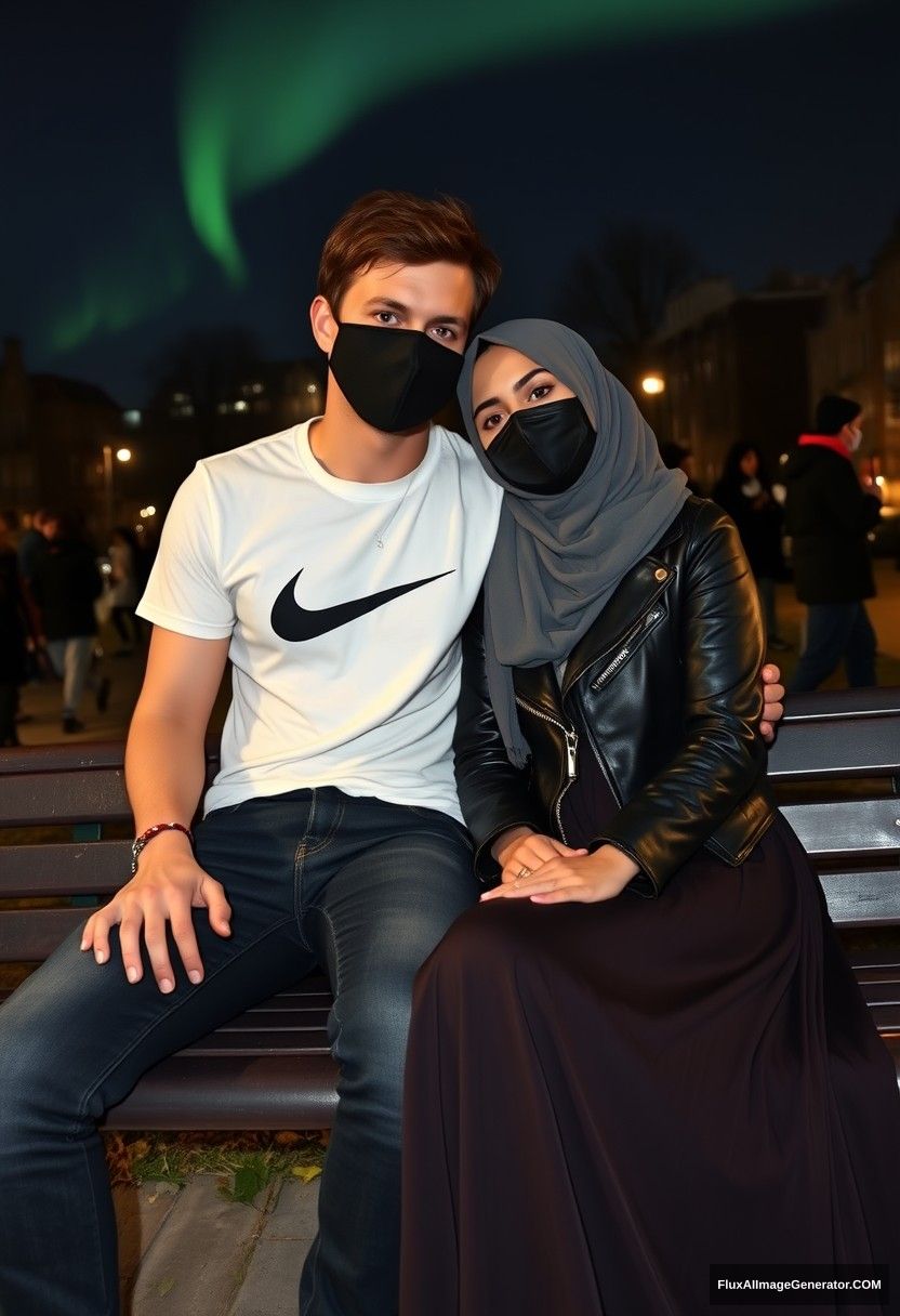 Jamie Dornan, tall, young, wearing a black face mask, a white Nike T-shirt, and jeans, is on a romantic date with a Muslim girl in a grey hijab, who has beautiful eyes, is wearing a black face mask and a leather jacket, and has the longest and biggest skirt; she is not tall. They are sitting together on a park bench, leaning on each other's shoulders, in a town with strangers in the background. The scene is photorealistic, capturing a selfie at night with an aurora borealis.