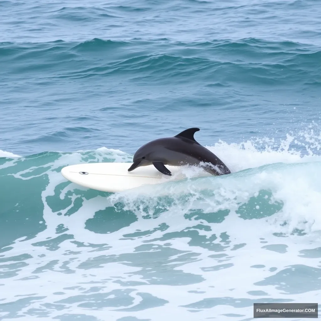 A dolphin on a surfboard swims through the waves of the working week. - Image