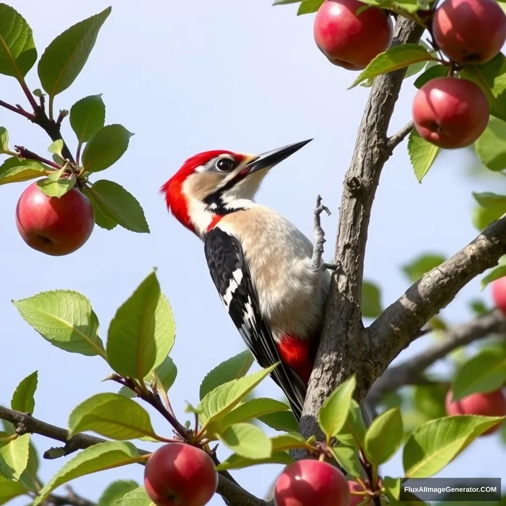 Woodpecker There are many apple trees in a garden. They’re good friends. One day an old tree is ill. There are many pests in the tree. - Image