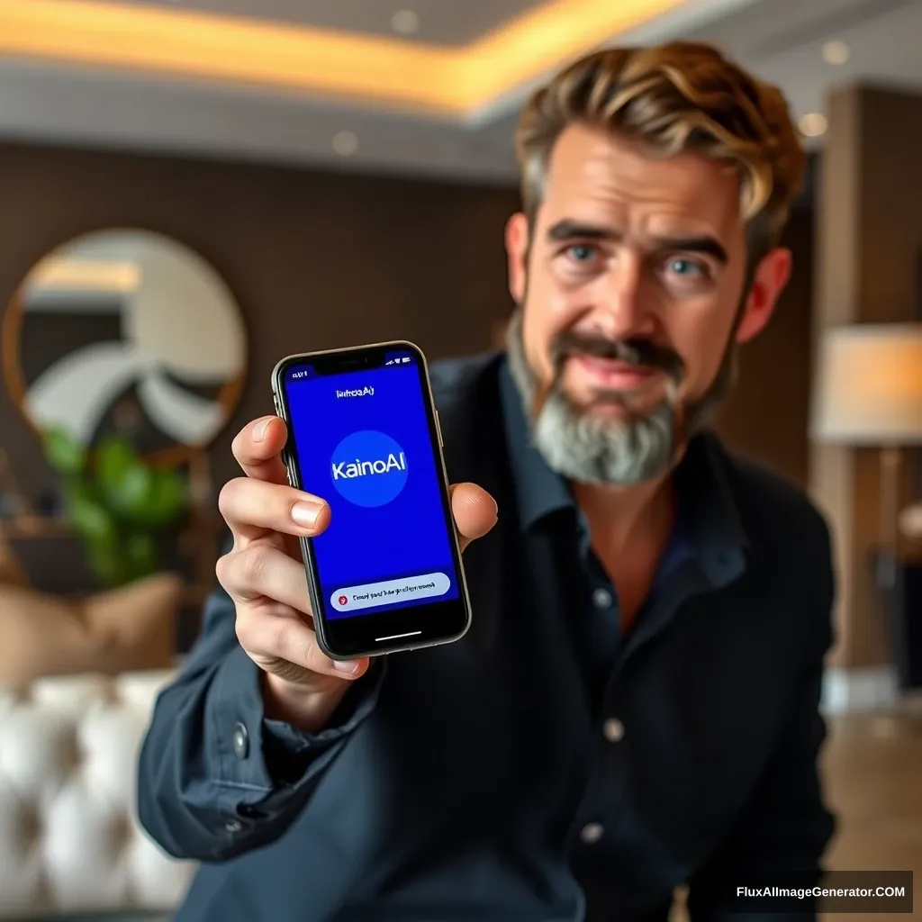 An interior designer holds a phone, and the phone screen shows the KainoAI app, which has a blue style.