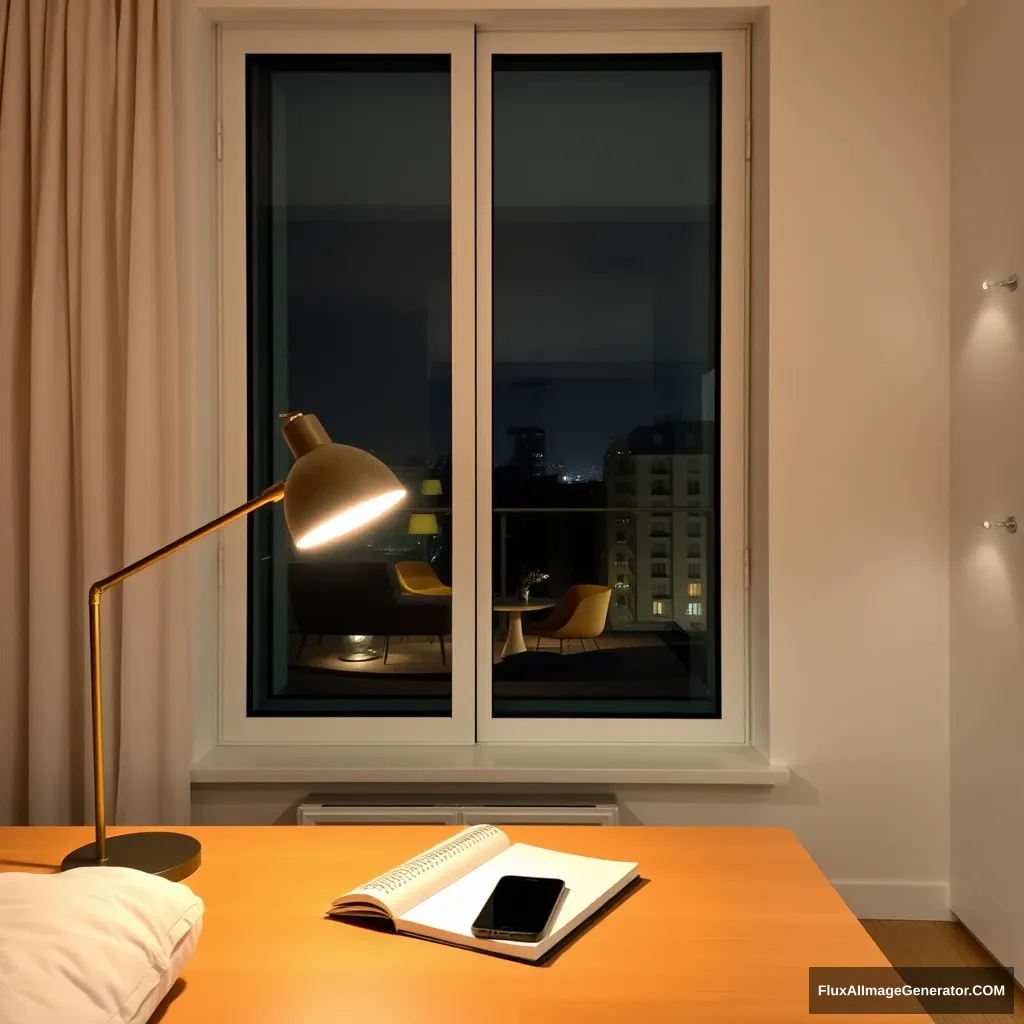 Modern bedroom apartment, big glass window, midnight in France, a study lamp lighting, a notebook and phone on a study desk.