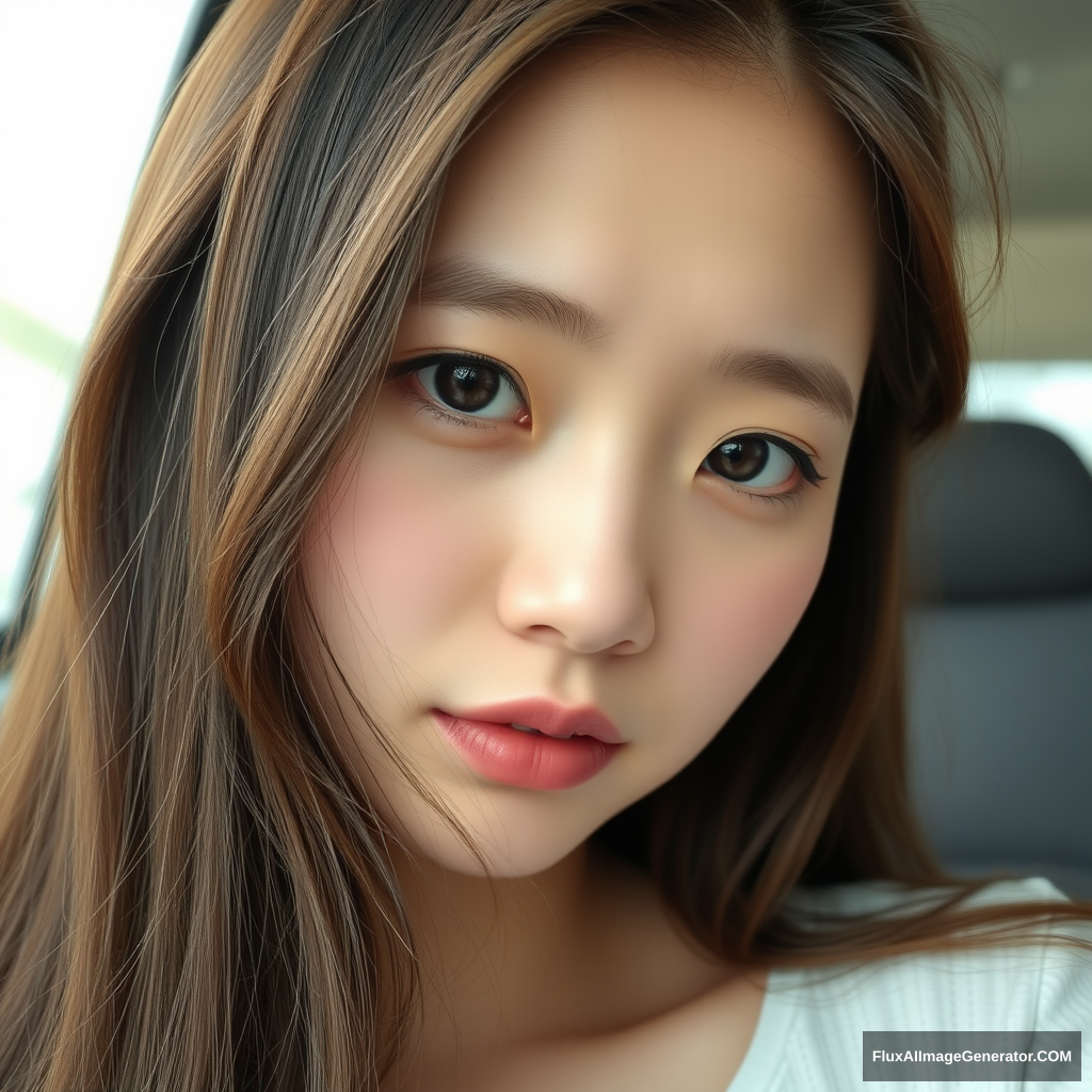 A pretty and cute Korean woman's face in her 20s with long hair. Sad face. - Image