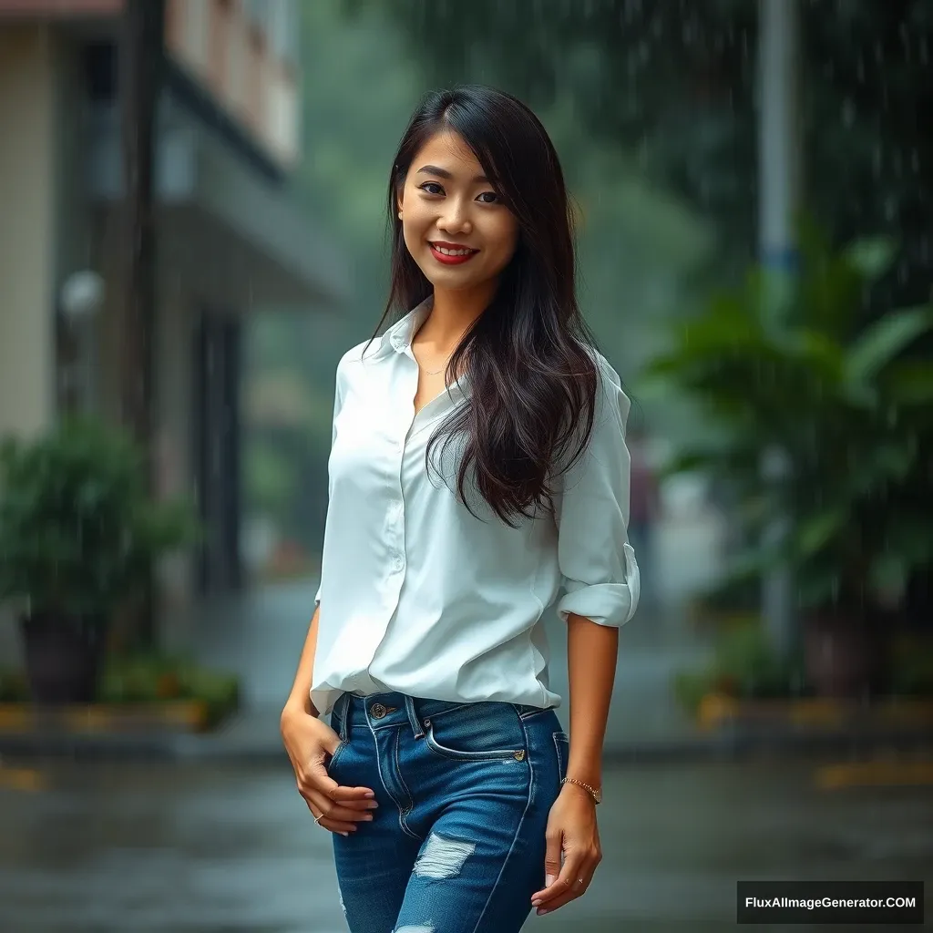 A photo of a pretty young Asian woman, in a white shirt and blue jeans, full body portrait, in the rain. - Image