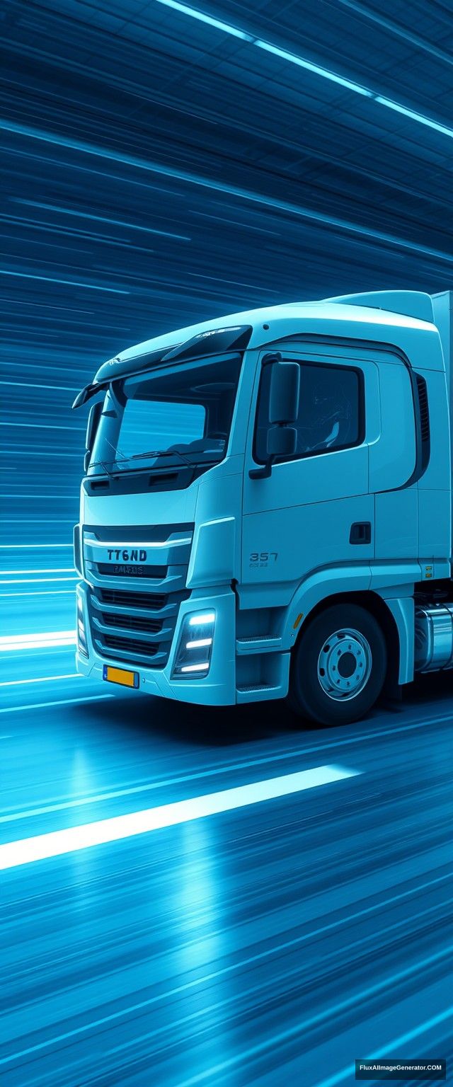 The truck has simple and dynamic lines, driving high-tech trucks, speed lines, glow, the overall picture is bright and clean, full of a sense of the future, and a sense of science and technology.