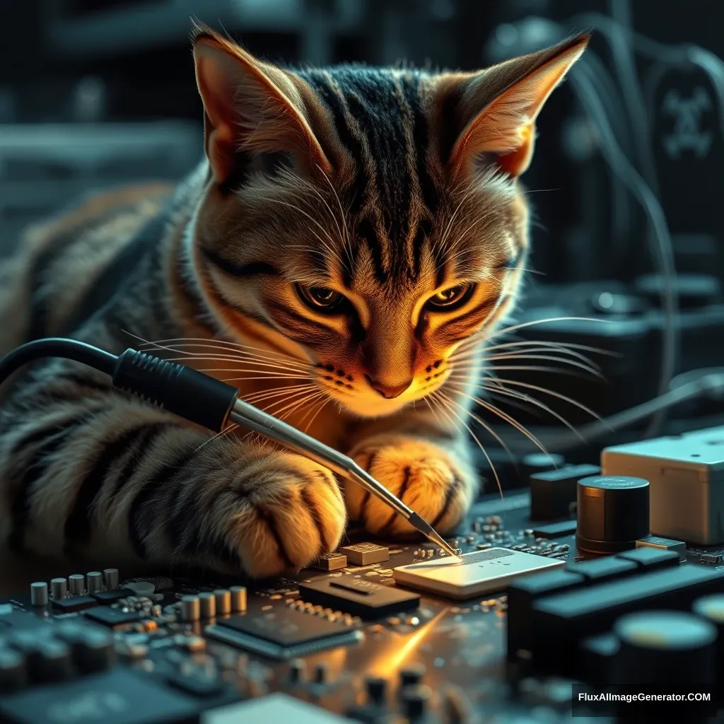 A tabby cat, whiskers twitching with concentration, delicately wields a precision soldering iron, repairing intricate circuitry on a state-of-the-art motherboard. Hyper-realistic details capture every fur strand, component reflection, and wisp of solder smoke in a dimly lit, high-tech workshop.