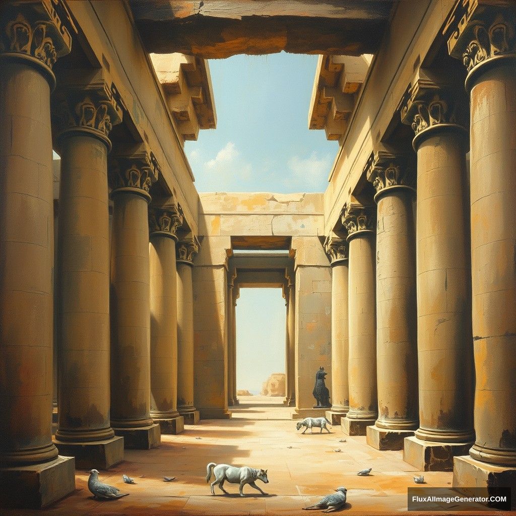 An old oil painting. Inside an Egyptian temple.