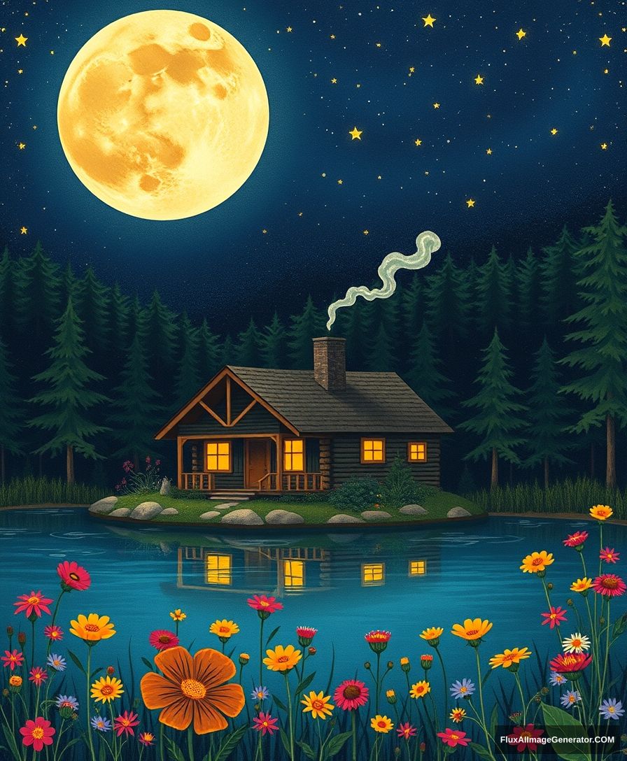 A serene night scene featuring a cozy cabin nestled by a tranquil lake, surrounded by lush forests. The sky is illuminated by a large, bright moon and scattered stars, casting a gentle glow. Colorful wildflowers bloom in the foreground, adding vibrant hues to the landscape. The cabin has warm, inviting lights shining from the windows, and a thin plume of smoke rises from the chimney, creating a peaceful, idyllic atmosphere. The artwork is in a whimsical, illustrative style reminiscent of vintage nature prints, with bold colors and soft textures.