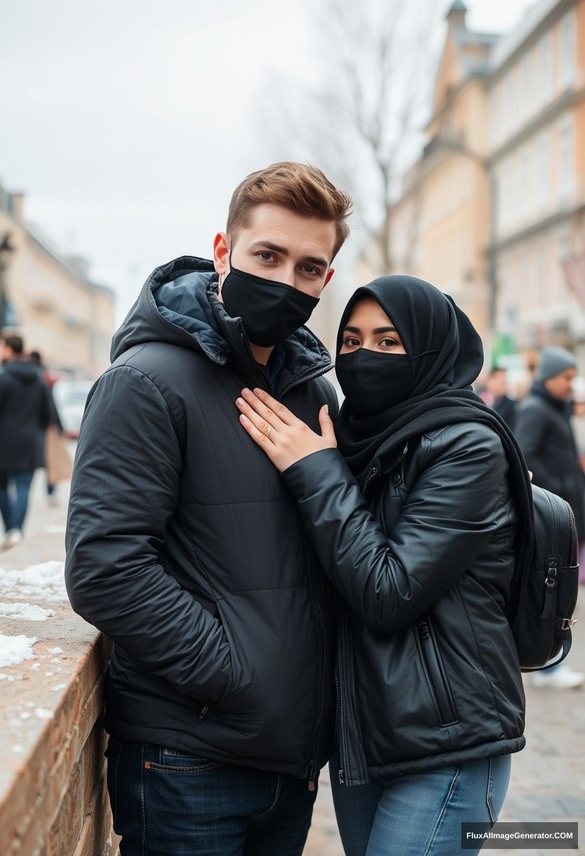 Jamie Dornan, handsome, young, black face mask, snow jacket, jeans, dating the biggest beautiful Muslim girl in a black hijab with beautiful eyes, black face mask, black leather jacket, winter scenery, standing together near a wall in town, pinching each other's cheeks, photorealistic, street photography.