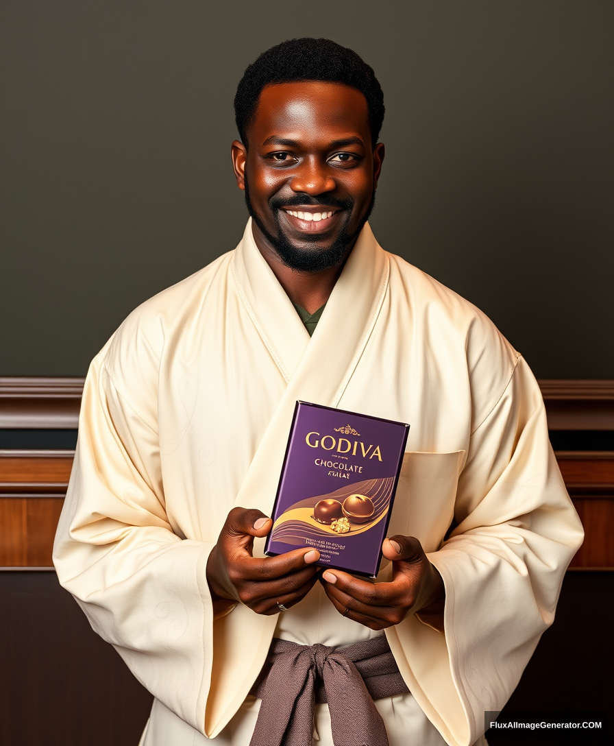 Godiva chocolate, a Black man in a kimono is holding it. - Image