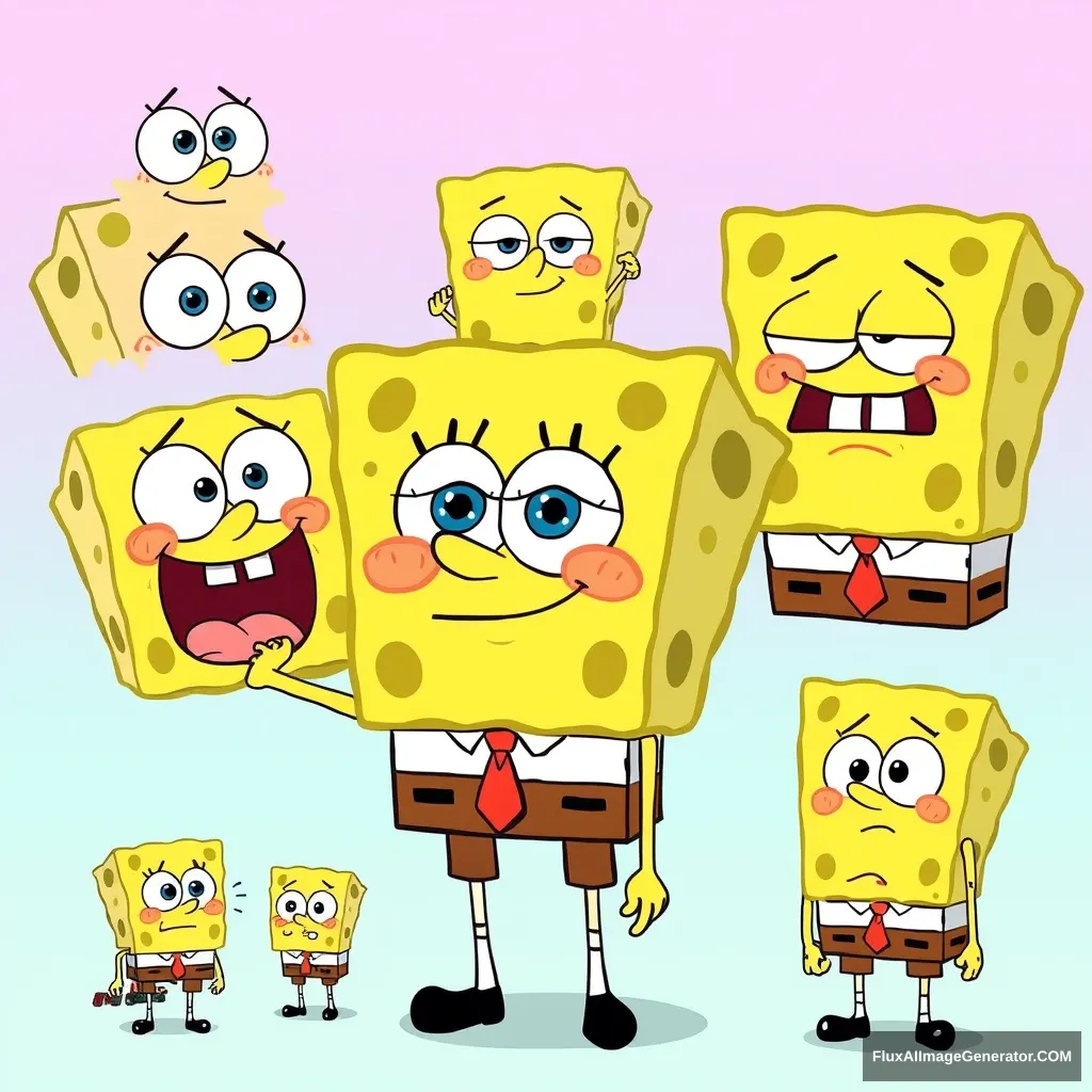 Cartoon SpongeBob SquarePants with various expressions, cute Q version of stick figures, happy, happy, crying, aggrieved, innocent, embarrassed expressions, close-up, full body.