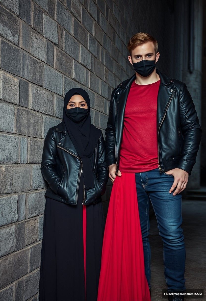 A biggest black hijab girl, beautiful eyes, face mask black, black leather jacket, biggest red longest dress, untall,

Jamie Dornan, handsome, face mask black, fit and tough body, metal red t-shirt, black leather jacket, jeans, tall man,

standing near wall together, 
Hyper realistic, photorealistic, street photography, Victoria's abandoned castle, gloomy, darkness.