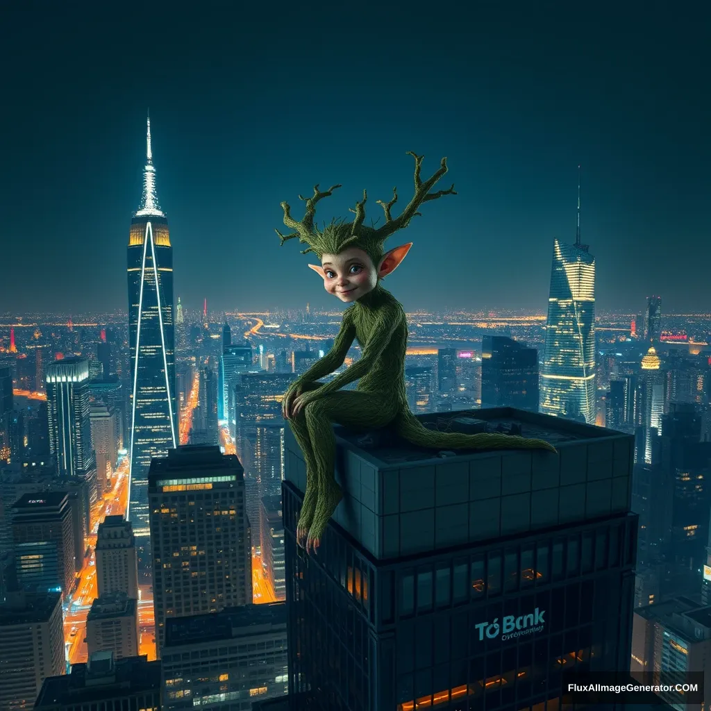 At night, a tree elf sits on a bustling urban skyscraper.