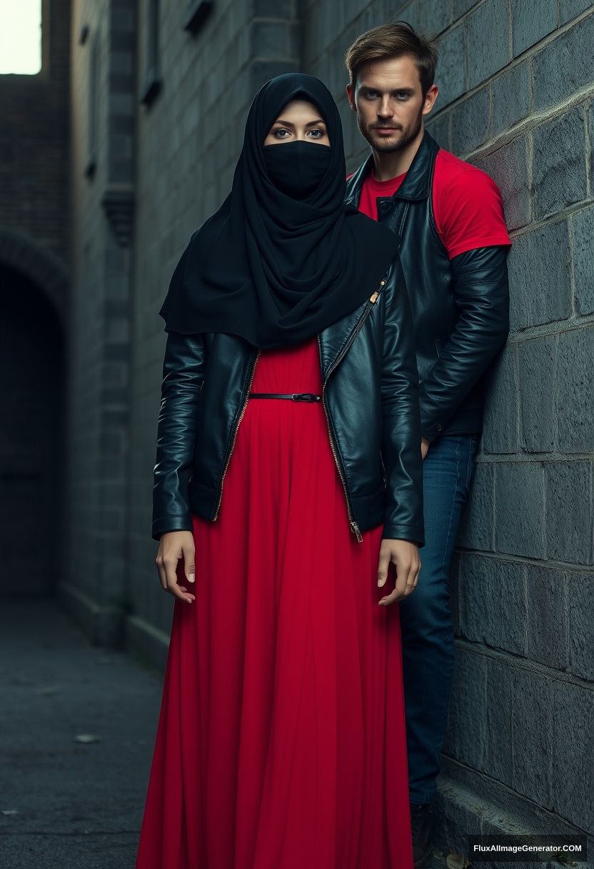 A biggest black hijab girl, beautiful eyes, face mask black, black leather jacket, biggest red longest dress, untall,

Jamie Dornan, handsome, face mask black, fit and tough body, Nike red t-shirt, black leather jacket, jeans, tall man, lean at wall together 

Hyper realistic, photorealistic, studio photography, Victoria's abandoned castle, gloomy, darkness. - Image