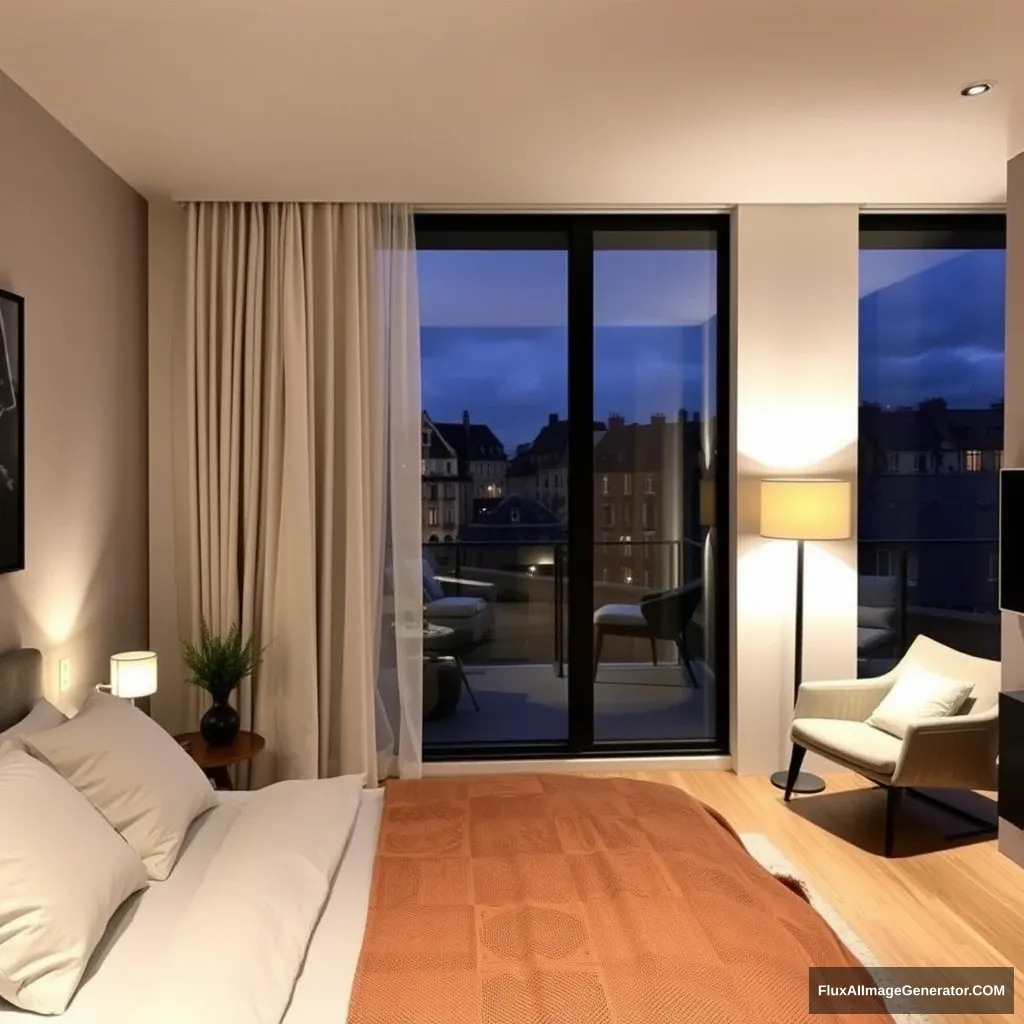 Modern bedroom apartment, big glass window, midnight in France.