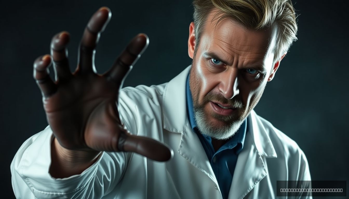 Horror creature, a male scientist with his right hand was a monster, black hand with seven fingers.