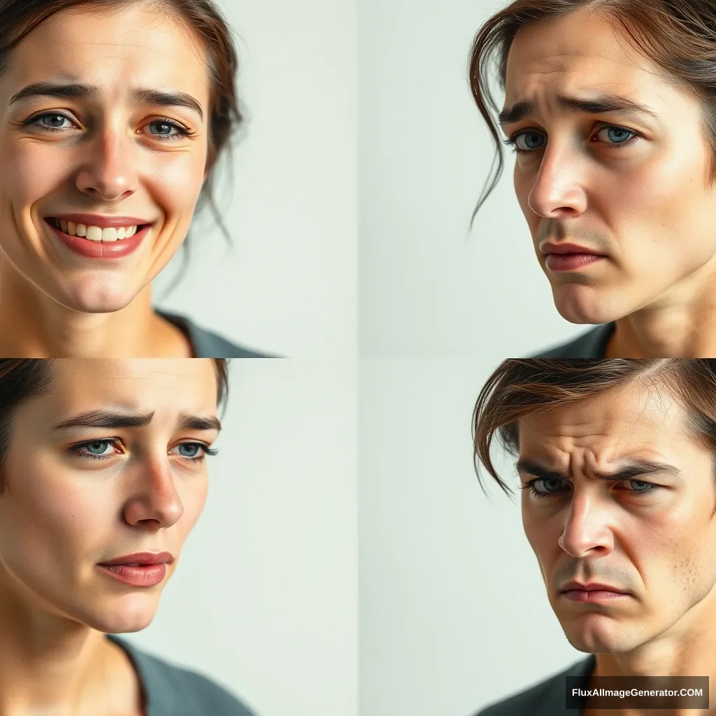 A four-panel grid portrait of the same person with subtle expressions: the first panel shows a gentle smile, the second panel has a tearful face, the third panel conveys a look of sadness, and the fourth panel displays a mildly angry expression. - Image