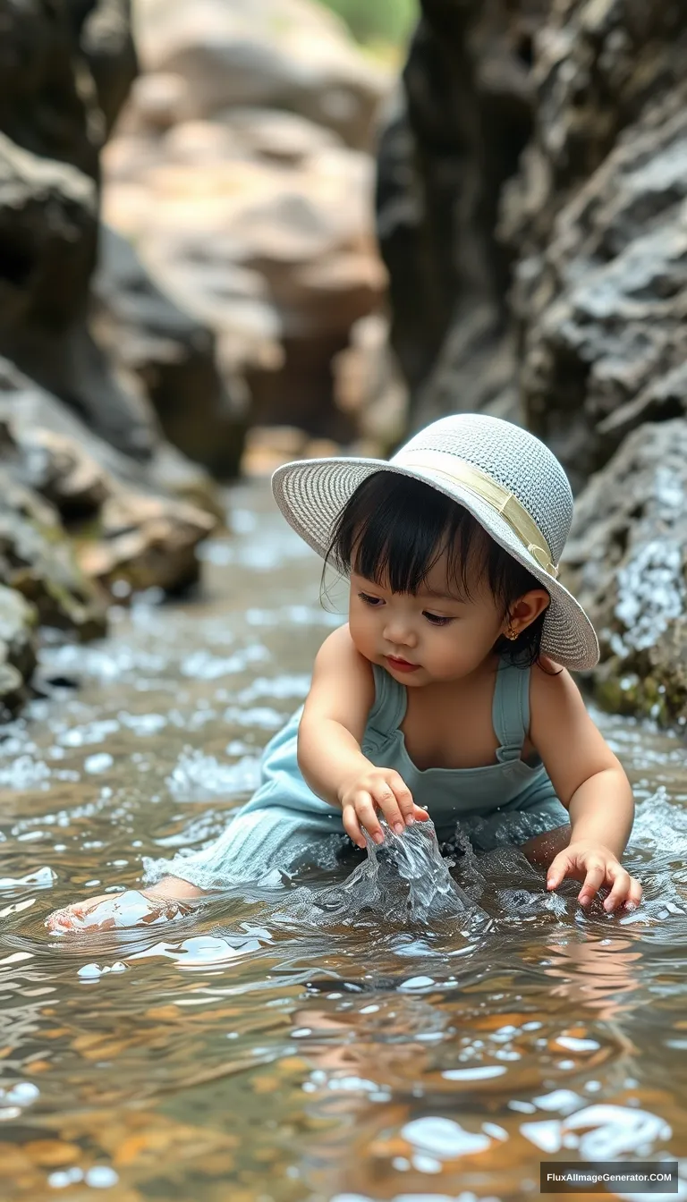 A 20-month-old Korean female child with a white hat is playing in a watery ravine, 8K, hyper-realistic photo.